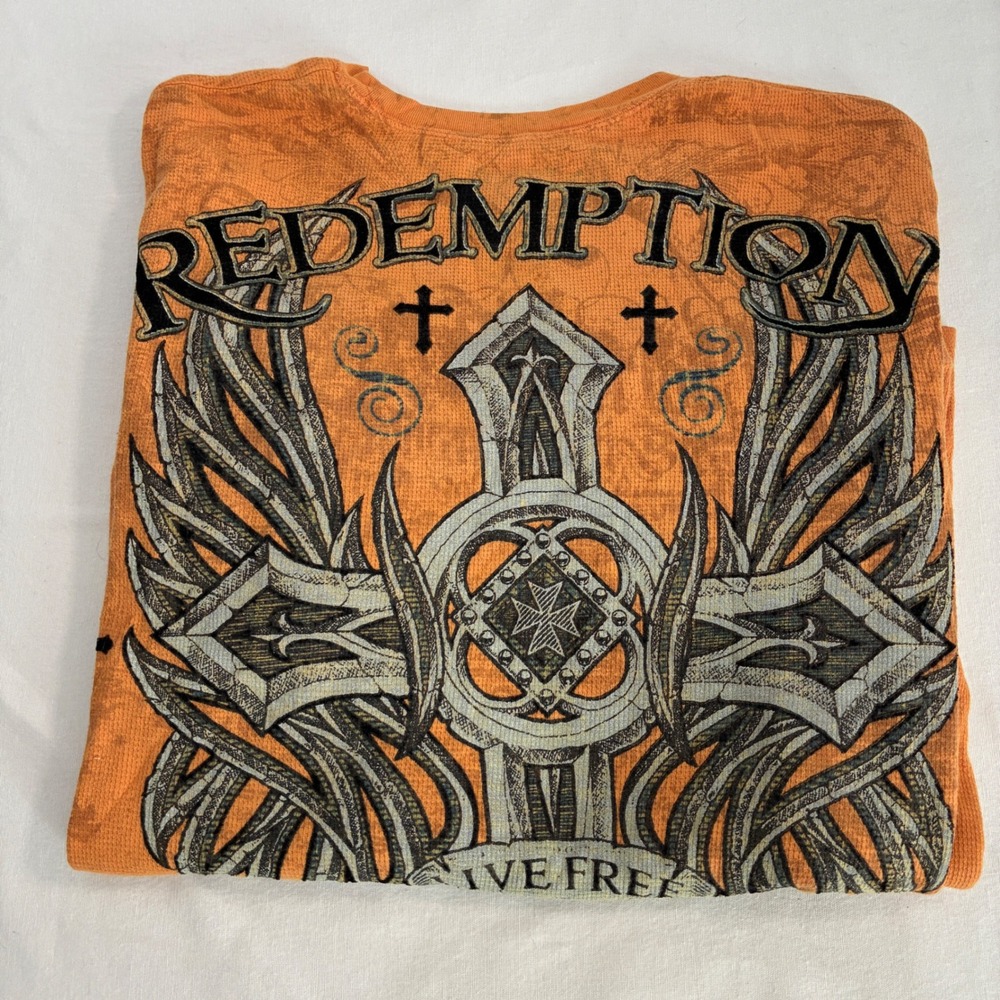 Y2K Raw State Redemption Thermal Shirt Men‎ XL Orange Grunge Cross Wing